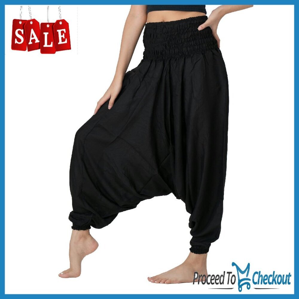 One Size Harem Pants Jumpsuit Elastic Waist Lightweight Fabric Yoga Beach